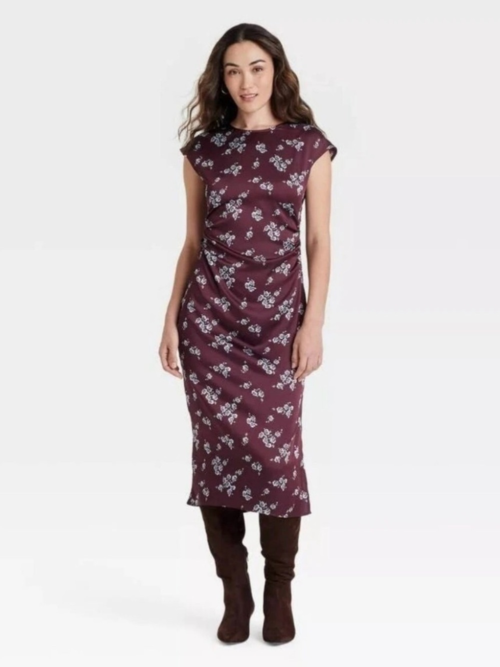 a.new day Cap-Sleeve Burgundy Floral Midi Dress